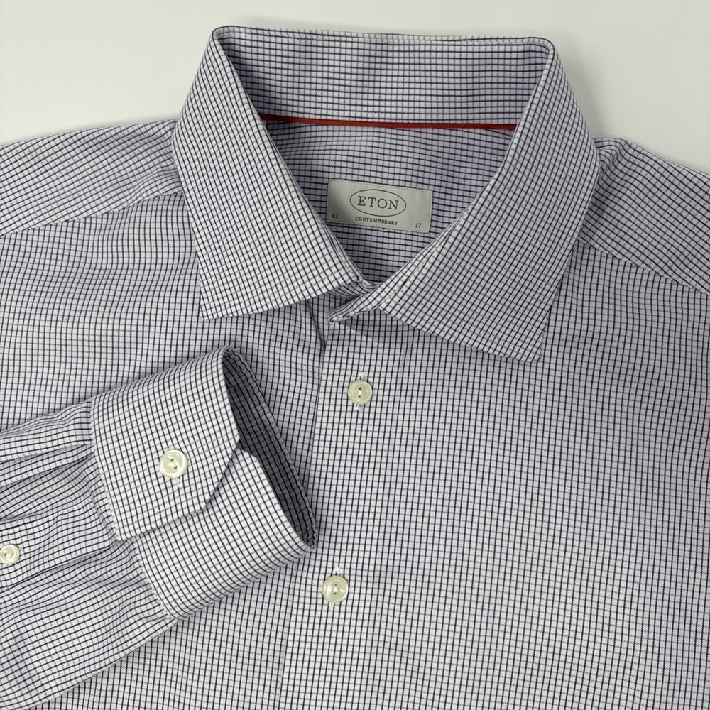 ETON Contemporary Men's 43 /‎ 17 Windowpane Check Purple White Button Shirt